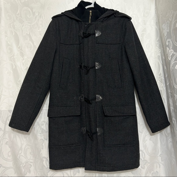 GUESS Grey Black Leather & Wool Blend Plaid Zip Up Coat - Picture 2 of 14